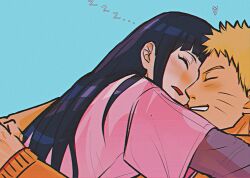 1boy 1girl black_hair blonde_hair blush d: green_background grin heart highres hyuuga_hinata layered_sleeves long_sleeves naruto_(series) naruto_shippuuden notane_n open_mouth orange_sweater pink_shirt shirt short_hair short_over_long_sleeves short_sleeves simple_background sleeping smile sweater teeth uzumaki_naruto zzz
