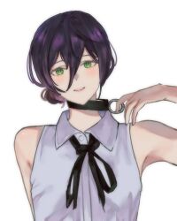 Rule 34 | 1girl, armpits, black choker, black ribbon, chainsaw man, choker, choker pull, ekanamee, folded ponytail, green eyes, hair between eyes, hand up, light blush, long sleeves, looking at viewer, multiple girls, neck ribbon, puffy long sleeves, puffy sleeves, purple hair, reze (chainsaw man), ribbon, shirt, short hair, simple background, sleeveless, sleeveless shirt, solo, white background, white shirt
