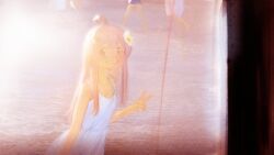 4girls ahoge bare_shoulders beach bloom blush commentary dress empire_waist film_grain flat_chest flower grin hair_flower hair_ornament hand_up heavy_film_grain highres light_leak long_hair looking_at_viewer multiple_girls onii-chan_wa_oshimai! outdoors oyama_mahiro pakio photo_(object) pink_eyes pink_hair smile solo_focus spaghetti_strap sundress symbol-only_commentary upper_body v white_dress white_flower