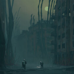 Rule 34 | 2others, alien, ashes, building, cable, dilapidated, flashlight beam, haze, highres, multiple others, outdoors, plant, ruins, science fiction, simon stalenhag, sun, the labyrinth