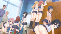Rule 34 | 2boys, 6+girls, a (phrase), age difference, all fours, amamine alice, anus, ass, black hair, blonde hair, blue eyes, blush, bow, brown eyes, brown hair, classroom, cleaning, cleft of venus, closed eyes, crop top, crop top overhang, door, exhibitionism, faceless, faceless male, hair bow, hair ornament, iwai waya (4h), kneehighs, kneeling, koori sana, long hair, looking at viewer, microskirt, midriff, miniskirt, morimoto mimori (4h), multiple boys, multiple girls, naked school attendance, navel, nishinosono rinka (4h), no panties, old, old man, original, pink hair, pleated skirt, public indecency, pussy, school uniform, serafuku, shitou (4h), short hair, skirt, socks, standing, tojo kanon (4h), uncensored, us, window, zengaku!