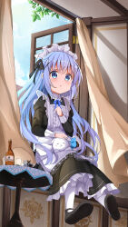 1girl absurdres animal animal_on_lap anko_(gochiusa) apron black_bow black_dress black_shoes blue_bow blue_eyes blue_hair blue_sky bottle bow center_frills child cloud commentary_request cup curtains day dog dress drinking_glass frilled_apron frills gochuumon_wa_usagi_desu_ka? hair_between_eyes hair_bow hair_ornament hand_up highres indoors juliet_sleeves kafuu_chino long_hair long_sleeves maid maid_apron on_lap one_side_up open_window pantyhose parted_lips puffy_sleeves shoe_soles shoes sitting_in_window sky solo stick_jitb tippy_(gochiusa) toy very_long_hair white_apron white_pantyhose wild_geese window x_hair_ornament