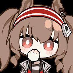 +++ 1girl angelina_(arknights) animal_ears animated animated_gif arknights black_choker bright_pupils brown_hair chinese_commentary choker coat commentary_request covering_own_mouth dot_nose earpiece fox_ears hair_between_eyes hairband infection_monitor_(arknights) jacket laughing long_hair looking_at_viewer lowres open_clothes open_jacket red_eyes red_hairband red_jacket skland_1530589596514 solo striped_clothes striped_hairband transparent_background twintails two-tone_hairband upper_body white_coat white_pupils