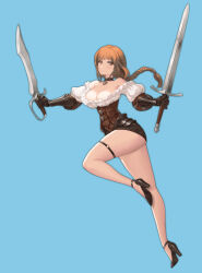 Rule 34 | 1girl, absurdres, black choker, black gloves, black shoes, black skirt, blue background, blunt bangs, braid, breasts, brown eyes, brown hair, choker, cleavage, closed mouth, commentary, dual wielding, english commentary, eq (massar9103), floating, full body, gloves, high heels, highres, holding, knee up, legs, long hair, looking at viewer, medium breasts, o-ring, original, outstretched arms, puffy sleeves, shadow, shoes, simple background, skirt, solo, thigh strap, thighs, warrior