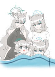 4girls ahoge animal_ears aqua_eyes biting black_sweater blue_archive blush breasts commentary cross_hair_ornament dual_persona fang grey_hair hair_ornament halo hand_on_another&#039;s_head highres huge_breasts large_breasts long_hair medium_hair mismatched_pupils moonjunk mother_and_daughter multiple_girls ponytail shiroko_(blue_archive) shiroko_terror_(blue_archive) simple_background skin_fang sleeveless sleeveless_sweater smile sweater very_long_hair white_background white_sweater wolf wolf_ears