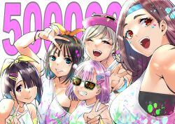 5girls bare_shoulders black_hair blonde_hair blue_eyes blue_headband bow_hairband bracelet breasts brown_eyes brown_hair choppy_bangs closed_mouth collarbone commentary_request eyewear_on_headwear green-framed_eyewear grin hair_over_one_eye hairband hat headband highres hongou_miyuki jewelry kitahara_aoba kusunoki_aroma large_breasts long_hair looking_at_viewer medium_breasts medium_hair milestone_celebration multiple_girls off_shoulder open_mouth orange_hairband paint_splatter pink_eyes pink_hair pink_hat red_eyes sawaranaide_kotesashi-kun sayamagaoka_chiyo shinjou_takuya shirt short_hair simple_background sleeveless sleeveless_shirt smile sumiyoshi_izumi sunglasses swept_bangs teeth twintails upper_body upper_teeth_only v v_over_head white_background white_shirt wristband yellow_hairband