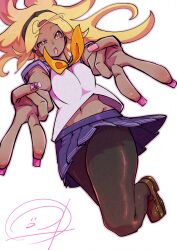 Rule 34 | 1girl, black pantyhose, blonde hair, breasts, dark-skinned female, dark skin, fingernails, gravity daze, gravity daze 2, hairband, highres, kitten (gravity daze), long hair, looking at viewer, midriff peek, nail polish, open mouth, pantyhose, pink nails, pungter, red eyes, school uniform, simple background, skirt, solo, thick thighs, thighs, white background