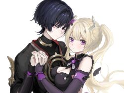 Rule 34 | 1boy, 1girl, adam&#039;s apple, armor, black bodysuit, black collar, black hair, black kimono, black shirt, black sleeves, black wings, blonde hair, blunt bangs, blunt ends, bodysuit, breast press, breasts, choppy bangs, cleavage, collar, commission, commissioner insert, covered collarbone, detached sleeves, detached wings, double-parted bangs, empty eyes, eyelashes, fake horns, flower, gem, genshin impact, glint, gold, hair flower, hair ornament, hand on another&#039;s back, hand up, heads together, hetero, highres, holding hands, horns, interlocked fingers, japanese armor, japanese clothes, jewelry, juban, kimono, kote, kurokote, large breasts, long hair, looking at viewer, mandarin collar, neck ring, original, puritan collar, purple eyes, purple flower, purple gemstone, purple sleeves, red kimono, scaramouche (genshin impact), second-party source, shirt, short sleeves, single sode, talking ok, tsurime, turtleneck, turtleneck bodysuit, twintails, white background, white horns, white kimono, wings