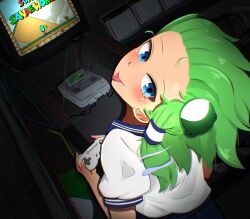 Rule 34 | alternate costume, blue eyes, blue serafuku, cloudykeyz, controller, crt, frog, frog hair ornament, game console, game controller, green hair, hair ornament, hair tubes, highres, kochiya sanae, long hair, mario (series), meme, nintendo, parody, retro games sanae (meme), sailor collar, school uniform, serafuku, shirt, single hair tube, snake, snake hair ornament, solo, super famicom, super mario world, tongue, tongue out, touhou, video game