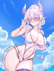 1girl bikini blue_sky bracelet breasts cloud commentary commission day demon_girl demon_horns demon_tail drowsenss ear_piercing earrings english_commentary fingernails highres horns indie_virtual_youtuber jewelry large_breasts long_hair looking_at_viewer mirune_mochi navel outdoors piercing pink-tinted_eyewear pointy_ears pubic_tattoo purple_eyes purple_hair sharp_fingernails sky solo swimsuit tail tattoo tinted_eyewear virtual_youtuber white_bikini
