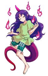 1girl alphes_(style) barefoot closed_eyes closed_mouth clothes_writing commentary_request dairi facing_viewer fire full_body green_shirt green_shorts horns large_variant_set long_hair parody pointy_ears purple_hair purple_horns shirt short_sleeves shorts single_horn solo style_parody tachi-e tail tenkajin_chiyari touhou transparent_background variant_set