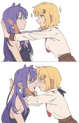 2girls addendium animal_ears black_dress blonde_hair blue_eyes blush brown_skirt commentary dress hashtag-only_commentary highres hololive hololive_english long_hair long_sleeves multiple_girls ninomae_ina&#039;nis parted_lips purple_hair shirt short_hair simple_background skirt smile sparkle strapless strapless_dress tentacle_hair virtual_youtuber watson_amelia white_background white_shirt yuri