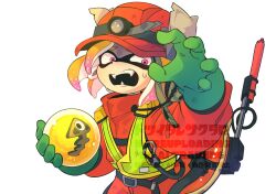 1boy 39_uxue belt commentary_request constricted_pupils gloves golden_egg_(splatoon) green_gloves highres inkling inkling_boy inkling_player_character jumpsuit looking_at_viewer male_focus medium_hair mining_helmet nintendo open_mouth orange_jumpsuit pink_eyes rubber_gloves salmon_run_(splatoon) simple_background solo splatoon_(series) splatoon_3 standing sweat teeth tentacle_hair watermark white_background