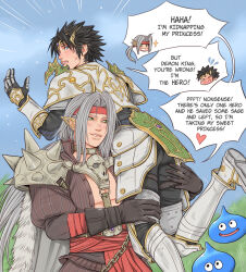 Rule 34 | 2boys, armor, armored boots, armored gloves, black gloves, black hair, black jacket, blue eyes, boots, carrying over shoulder, cosplay, crylin6, final fantasy, final fantasy vii, final fantasy vii ever crisis, gloves, gold trim, green eyes, grey hair, headband, highres, jacket, long hair, male focus, multiple boys, official alternate costume, parted bangs, parted lips, pisaro, pisaro (cosplay), pointy ears, red headband, sephiroth, sephiroth (banesword style), short hair, shoulder spikes, skull ornament, slime (dragon quest), slit pupils, spikes, white armor, winged hair ornament, zack fair, zack fair (zenithian armour)