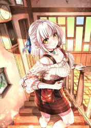Rule 34 | 1girl, alternate costume, between breasts, black skirt, blue ribbon, bracelet, braid, breasts, choker, cleavage, clock, collarbone, drawing (object), green eyes, hair between eyes, hair ribbon, hand on railing, hero (10cl3), highres, hololive, indoors, jewelry, large breasts, looking at viewer, mole, mole on breast, off-shoulder sweater, off shoulder, picture frame, plaid clothes, plaid skirt, pocketbook, ribbed sweater, ribbon, shirogane noel, shirogane noel (casual), short hair, silver hair, skirt, smile, solo, stairs, standing, strap, sweater, virtual youtuber, white sweater