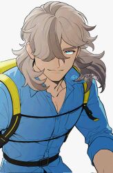 Rule 34 | 1boy, arven (pokemon), backpack, bag, belt, belt buckle, black belt, blue eyes, blue shirt, buckle, closed mouth, collarbone, collared shirt, commentary request, hair over one eye, highres, looking to the side, male focus, medium hair, multicolored hair, nintendo, one eye covered, open collar, parted bangs, pokegpp110, pokemon, pokemon sv, shirt, sideways glance, simple background, sleeve cuffs, smile, solo, streaked hair, twitter username, white background, yellow bag