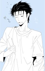 1boy black_hair blue_background blue_theme collarbone dressing ikuhashi_muiko lab_coat lapels light_blush long_sleeves male_focus messy_hair monochrome notched_lapels okabe_rintarou one_eye_closed open_mouth shirt short_hair simple_background sleepy solo steins;gate t-shirt upper_body waking_up white_shirt