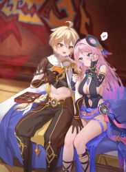 1boy 1girl :d absurdres aether_(genshin_impact) ahoge arm_armor arm_markings bare_shoulders belt black_boots black_gloves black_leotard black_sleeves blonde_hair blue_eyes blurry blurry_background blush boots box box_of_chocolates braid breasts brown_belt brown_pants brown_shirt chocolate citlali_(genshin_impact) cleavage cleavage_cutout closed_mouth clothing_cutout commentary_request couple crop_top cropped_shirt cryo_symbol_(genshin_impact) detached_sleeves earrings facial_mark fang food forehead_mark genshin_impact gloves hair_between_eyes hair_ornament hand_on_own_cheek hand_on_own_face heart hetero highres holding holding_chocolate holding_food jewelry kamizo0456 knee_boots korean_commentary large_breasts leotard long_hair looking_at_another midriff mixed-language_commentary navel navel_cutout nose_blush on_bed open_mouth pants pink_hair purple_nails purple_sarong ring_hair_ornament sarong scarf shadow shirt short_sleeves sidelocks single_braid single_earring sitting skin_fang leotard sleeveless_turtleneck_leotard sleeves_past_wrists smile spoken_heart thigh_marking triangle triangle_facial_mark twin_braids very_long_hair vision_(genshin_impact) white_scarf yellow_eyes