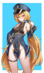 1girl absurdres bare_shoulders black_choker blonde_hair blue_background blue_hat breasts brown_leotard choker closed_mouth commentary_request commission cowboy_shot detached_sleeves dungeon_and_fighter eili_(dungeon_and_fighter) female_mage_(dungeon_and_fighter) frown gold_trim hair_between_eyes hand_up hat highleg highleg_leotard highres korean_commentary leotard long_hair long_sleeves looking_at_viewer low_twintails muhae_(dcnh8882) peaked_cap pelvic_curtain pointy_ears red_eyes small_breasts solo thigh_strap thighs twintails very_long_hair