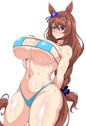 1girl absurdres animal_ears bikini blue_bikini blue_bow blush bow braid breasts brown_hair closed_mouth commentary_request cowboy_shot crown_braid ear_bow eyepatch_bikini hair_ornament hair_scrunchie highres horse_ears horse_girl horse_tail huge_breasts huruse long_hair looking_at_viewer multicolored_hair navel purple_eyes scrunchie shiny_skin simple_background solo streaked_hair super_creek_(umamusume) sweat swimsuit tail umamusume very_long_hair white_background white_hair