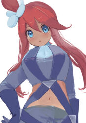 1girl blue_eyes blush breasts crop_top dark-skinned_female dark_skin gloves highres large_breasts long_sleeves looking_at_viewer nintendo pokemon pokemon_bw red_hair ringosan2329 shorts skyla_(pokemon)