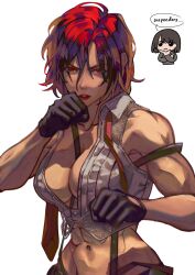 1girl abs bare_shoulders belt black_gloves boxing breasts cleavage crop_top cropped_shirt gloves highres large_breasts leather lipstick looking_at_viewer makeup mature_female midriff muscular muscular_female navel necktie obliques pants pinstripe_pants pinstripe_pattern red_eyes red_hair red_necktie shirt short_hair simple_background sleeveless snk solo square-end_necktie striped_clothes striped_pants suspenders syachiiro the_king_of_fighters the_king_of_fighters_xiv tie_clip vanessa_(kof) vertical-striped_clothes vertical-striped_pants