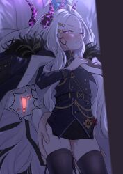 1boy 1girl absurdres ahoge black_coat black_gloves black_skirt black_thighhighs blue_archive book coat coat_on_shoulders demon_girl demon_horns demon_wings gloves highres hina_(blue_archive) holding holding_book horns long_hair purple_eyes sensei_(blue_archive) sharp_to_sharp skirt standing thighhighs thighs white_hair wings