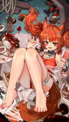 1girl absurdres angelina_(arknights) angelina_(summer_flower)_(arknights) animal_ears arknights barefoot black_collar cake casual_one-piece_swimsuit collar cup drinking_glass feet food fox_ears fox_girl fox_tail highres holding holding_cup infection_monitor_(arknights) jewelry knees_up kourou_(kouroukun) long_hair looking_at_viewer necklace official_alternate_costume one-piece_swimsuit open_mouth orange_eyes orange_hair red_one-piece_swimsuit solo swimsuit tail thigh_strap toenails toes twintails wine_glass