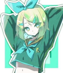 1girl alternate_costume aqua_eyes arms_behind_head arms_up black_sailor_collar blonde_hair blue_eyes border bow collarbone crop_top crop_top_overhang dot_nose eyes_visible_through_hair green_background green_bow green_neckerchief green_theme hair_between_eyes hair_ornament hairclip halftone halka highres kagamine_rin long_sleeves looking_at_viewer medium_hair midriff muted_color navel neckerchief outline outside_border parted_bangs sailor_collar shirt solo upper_body vocaloid white_border white_outline