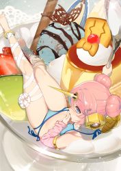 1girl armlet bandaged_leg bandages bikini blue_bikini blue_eyes detached_sleeves double_bun fate/grand_order fate_(series) female_focus food food_focus frankenstein&#039;s_monster_(fate) frankenstein&#039;s_monster_(swimsuit_saber)_(fate) frankenstein&#039;s_monster_(swimsuit_saber)_(second_ascension)_(fate) from_above hair_bun hair_ornament hairclip halterneck horns ice_cream in_food jewelry looking_to_the_side mini_person minigirl oversized_object pink_hair samurai10932 short_hair side-tie_bikini_bottom single_detached_sleeve single_horn sitting solo spoon swimsuit wafer_stick