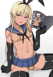 1boy absurdres ae_(aeiu4114) bikini black_gloves black_hairband black_neckerchief black_thighhighs blonde_hair blue_sailor_collar blue_skirt bow_hairband brown_eyes bulge commentary_request dark-skinned_male dark_skin detached_collar elbow_gloves gloves gold_bikini hairband highleg highleg_bikini highres holding holding_manga kantai_collection latex latex_gloves latex_thighhighs long_hair male_focus manga_(object) micro_bikini microskirt navel neckerchief open_mouth pleated_skirt pornography sailor_collar shimakaze-kun shimakaze_(kancolle) simple_background sitting skirt smile smug solo swimsuit textless_version thighhighs trap tsurime variant_set white_background