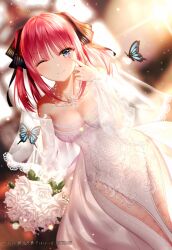 1girl absurdres blue_eyes bouquet breasts bug butterfly detached_sleeves dress flower go-toubun go-toubun_no_hanayome hanayome highres insect junpaku_karen large_breasts light_blush nails nakano_nino no one_eye_closed pink_hair pixiv_id smile veil wedding_dress