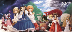 6+girls animal_ears black_hair blazer blonde_hair bow braid brown_hair rabbit_ears catfish detached_sleeves dragon dragon_(touhou) dragon_god eastern_dragon female_focus fish hakurei_reimu hat hirasaka_makoto horns houraisan_kaguya ibuki_suika inaba_tewi jacket japanese_clothes kirisame_marisa long_hair looking_at_viewer looking_back luna_child miko multiple_girls mystia_lorelei necktie oil-paper_umbrella outdoors pink_hair purple_eyes purple_hair rain rainbow red_eyes reisen_udongein_inaba shameimaru_aya short_hair silver_hair smile star_sapphire sunny_milk tokin_hat torii touhou touhou_sangetsusei umbrella wings yagokoro_eirin yakumo_yukari yellow_eyes