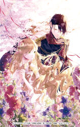 1boy 1girl aiguillette baby&#039;s-breath bellflower black_cloak black_hair black_jacket blonde_hair brown_gloves cherry_blossoms chinese_bellflower cloak closed_mouth collared_cloak copyright_notice cover cover_page daisy_(flower) detached_sleeves dress epaulettes expressionless falling_petals flower frilled_dress frilled_sleeves frills gloves green_eyes gunshin_no_hanayome hair_between_eyes hair_flower hair_ornament highres holding_another&#039;s_hair hollyhock hypericum_berry jacket lace_dress long_hair long_sleeves looking_at_another looking_back looking_down official_art own_hands_clasped own_hands_together parted_lips petals pink_dress pink_flower purple_flower red_flower red_ribbon ribbon seikai_meguru short_hair side_part single_epaulette swept_bangs tree very_long_hair wavy_hair white_flower wide_sleeves yellow_eyes