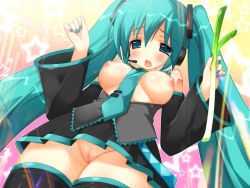 1girl aqua_eyes aqua_hair blush breasts breasts_out censored emily_(pure_dream) female_focus from_below hatsune_miku long_hair nipples no_panties open_clothes open_mouth open_shirt pussy shirt skirt solo thighhighs twintails upskirt very_long_hair vocaloid yamaha
