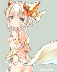 Rule 34 | 1girl, ass, backless dress, backless outfit, bad id, bad pixiv id, blonde hair, blue eyes, dragon girl, dragon horns, dress, female focus, hair ribbon, horns, meopun (meopen429), myr (p&amp;d), no panties, puzzle &amp; dragons, ribbon, solo, standing