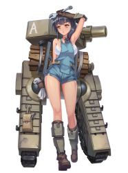1girl bad_id bad_pixiv_id belt black_hair boots bustier character_request cleaning_rag female_focus full_body gloves guangzhou_qian_xue hand_on_own_head kantai_collection liubo0818 looking_to_the_side mecha overalls robot shorts solo sweat walking wrench yellow_eyes