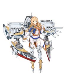 15k 1girl barrel battleship blonde_hair blue_coat blue_eyes blue_jacket boots braid chain coat cross crown_braid epaulettes female_focus france french_flag full_body gloves holding holding_weapon jacket long_hair mecha_musume military military_uniform military_vehicle official_art propeller richelieu_(warship_girls_r) ship ship_turret solo sword thigh_boots thighhighs transparent_background warship warship_girls_r watercraft weapon white_gloves