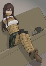 Rule 34 | 1girl, absurdres, arms behind back, bdsm, bondage, bound, gag, gagged, grafhou, hasekura reiri, highres, improvised gag, solo, struggling, sweatdrop, tape, tape bondage, tape gag, taped arms, taped legs, toaru kagaku no railgun, toaru majutsu no index