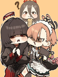 1girl 3girls absurdres antenna_hair black_hair blue_archive braid chibi chroong eating gun halo hasumi_(blue_archive) highres long_hair long_skirt maid multiple_girls neru_(blue_archive) orange_eyes red_eyes red_halo school_uniform short_hair simple_background single_braid skirt solo tsurugi_(blue_archive) weapon yellow_background