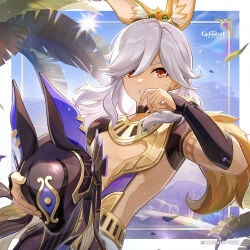 1boy absurdres animal_ears_helmet animal_helmet black_bridal_gauntlets black_choker bridal_gauntlets choker commentary copyright_name cyno_(genshin_impact) day english_commentary fingernails genshin_impact gold_trim grey_hair hair_between_eyes hand_up highres long_hair looking_at_viewer male_focus official_art outdoors parted_lips red_eyes solo sweat unworn_headwear very_long_hair