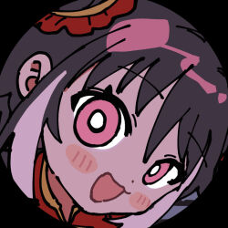 1girl :3 black_hair blush double_bun hair_bun head_tilt jia_xichun_(project_moon) limbus_company looking_at_viewer monitoring_(vocaloid) multicolored_hair open_mouth pinch_(nesume) pink_eyes pov_peephole project_moon smile solo streaked_hair white_hair