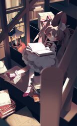 1girl animal_ear_fluff animal_ears apron black_bow book book_stack bow bright_pupils brown_hair commentary frilled_socks frills full_body grey_skirt hair_ribbon high_heels highres holding holding_book indoors lantern long_hair original ozureiji petticoat pleated_skirt rabbit_ears red_bow red_eyes red_shoes ribbon shirt shoes sitting sitting_on_stairs skirt socks solo stairs symbol-only_commentary triangle_mouth tsurime twintails waist_apron white_apron white_pupils white_shirt white_socks