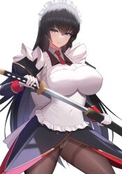 Rule 34 | 1girl, absurdres, apron, black hair, black jacket, blue eyes, breasts, brown pantyhose, collared shirt, covered navel, cowboy shot, frilled apron, frills, gloves, hanaukyou maid tai, highres, holding, holding sword, holding weapon, impossible apron, jacket, juliet sleeves, large breasts, long hair, long sleeves, maid, maid headdress, necktie, panties, panties under pantyhose, pantyhose, puffy sleeves, red necktie, sheath, shirt, simple background, solo, sword, taut clothes, thighband pantyhose, tsurugi konoe, ultra-13, underwear, unsheathing, very long hair, weapon, white apron, white background, white gloves, white panties, white shirt