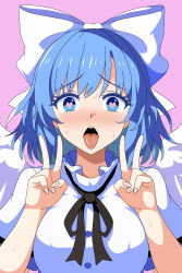 Rule 34 | 1girl, absurdres, ahegao, black ribbon, blue eyes, blue hair, blush, bow, breasts, buttons, commentary request, double v, eyelashes, fingernails, frilled shirt collar, frills, hair bow, hands up, heart, heart-shaped pupils, highres, korean commentary, looking at viewer, mai (touhou), medium breasts, medium hair, neck ribbon, nose blush, open mouth, ribbon, shirt, short sleeves, simple background, solo, ssaf seibeupail, sweat, symbol-shaped pupils, teeth, tongue, tongue out, touhou, touhou (pc-98), upper body, upper teeth only, v, white bow, white shirt, white wings, wings