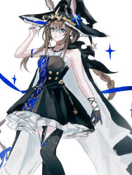 1girl absurdres ambience_synesthesia amiya_(arknights) amiya_(medic)_(arknights) amiya_(medic)_(solo_around_the_world)_(arknights) animal_ears aqua_eyes arknights arm_up bare_shoulders black_cape black_dress black_gloves black_hat black_thighhighs brown_hair cape clothes_writing commentary_request dress ears_through_headwear frilled_hat frills gloves hair_between_eyes hat highres jewelry light_smile long_hair looking_at_viewer multiple_rings official_alternate_costume parted_lips ring simple_background single_glove solo sparkle thighhighs two-sided_cape two-sided_fabric white_background white_cape witch_hat zhishi_mao_tiao
