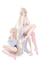 2girls absurdres back bare_shoulders barefoot black_one-piece_swimsuit blonde_hair blue_eyes breasts cartethyia_(wuthering_waves) chair cleavage collarbone commentary_request dress dual_persona facial_mark feet fleurdelys_(wuthering_waves) forehead_mark full_body hair_between_eyes highres horns jewelry large_breasts legs long_hair long_horns looking_at_viewer lying multiple_girls necklace nipples off_shoulder on_chair one-piece_swimsuit one_breast_out pointy_ears revealing_clothes shirt shixuexiao simple_background single_horn sitting small_breasts soles swimsuit tacet_mark_(wuthering_waves) thighs toes turning_head very_long_hair white_background white_dress white_shirt wuthering_waves