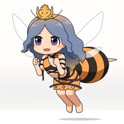 Rule 34 | 1girl, bee, bug, chibi, chirizuka ubame, clenched hands, commentary request, full body, gradient background, grey hair, headpiece, insect, long hair, looking at viewer, navel, open mouth, orange skirt, purple eyes, shirosato, skirt, solo, touhou, two-tone tank top, white background
