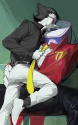 2boys ant_tenna asd1565326 belt black_belt black_hair black_pants blue_tongue bulge closed_eyes clothes_grab colored_skin colored_tongue crt deltarune erection erection_under_clothes french_kiss gloves grabbing_another&#039;s_ass groping hand_on_another&#039;s_ass highres kiss male_focus multiple_boys necktie necktie_grab neckwear_grab object_head pants pointy_nose round_eyewear shirt shoes sitting spamton_g._spamton sparkle spread_legs sweat tailcoat white_gloves white_pants white_shirt white_shoes white_skin yaoi yellow_necktie
