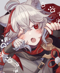 1boy :o ahoge animal_ears armor bandaged_hand bandages black_scarf blush cat_ears commentary_request corn_kuten dutch_angle fang genshin_impact gloves grey_background grey_hair grey_kimono japanese_clothes kaedehara_kazuha kimono looking_at_viewer male_focus multicolored_hair one_eye_closed open_mouth partially_fingerless_gloves paw_pose red_eyes red_hair scarf shoulder_armor simple_background skin_fang solo streaked_hair upper_body